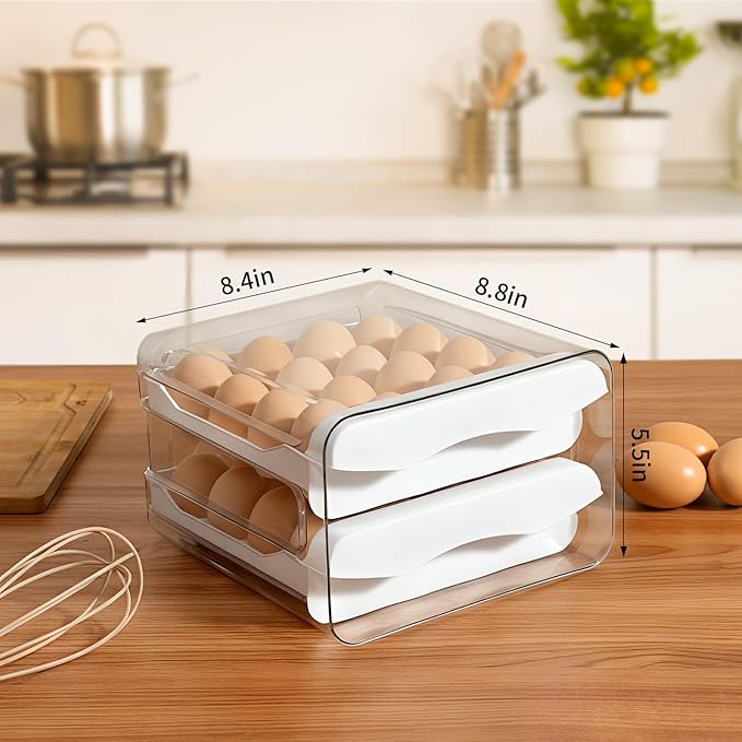 Egg Holder for Fridge,32 Grid/2 Layer Egg Holder,Egg Container for Refrigerator,With Drawer,Multi-function Egg Organizer for Refrigerator, Suitable for Kitchen, Refrigerator, Countertop.