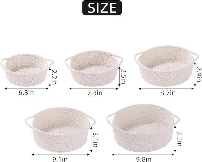 Small Storage Woven Baskets Shelves Natural Cotton Rope Bins with Handle Toilet Tank Paper for Countertop Cute Gifts Organizing Mini Nursery 5 Set box (White)