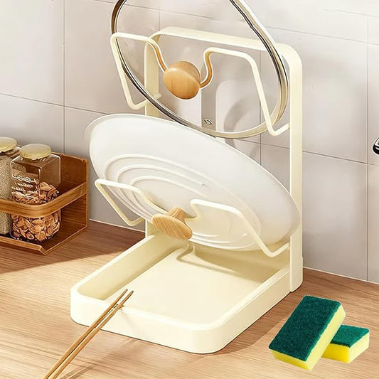 GDSAFS Kitchen Pot Lid Storage Rack, Pot Lid Holder With Tray, Lid Holder While Cooking, Lid And Spoon Rest, Multifunctional Kitchen Organizer Stand for Stove Top (Begie, Double-layer)