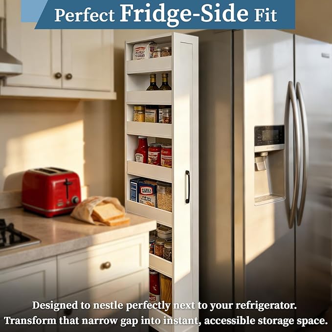 71'' Tall Slim Rolling Storage Cart on Wheels 7-Tier Next to Fridge 8 inch Wide Narrow Pull-out Skinny Spice Rack Side of Refrigerator Slide-out Shelf Pantry Cabinet for Kitchen, Laundry Room White