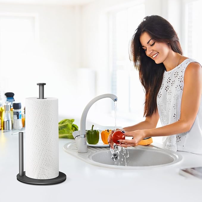 Paper Towel Holder Countertop, Standing Paper Towel Roll Holder for Kitchen Bathroom, Kitchen Paper Towel Stand Holder, Stainless Steel Paper Towel Holder (Grey)
