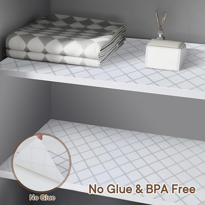 Shinlendid Shelf and Drawer Liner for Kitchen Cabinets Non-Adhesive, Strong Grip Non-Slip Thickened Cabinet Liners for Shelves, Waterproof Mats for Dresser Cupboard, Silver Stripe, 17 in x 10 Feet