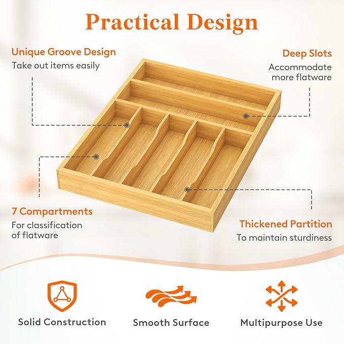 Lifewit Silverware Drawer Organizer, Utensil Tray for Kitchen, 7 Slot Bamboo Flatware and Cutlery Holder, Wood Storage for Spoons Forks Knives, 12.9 x 16.5 Inches, Natural