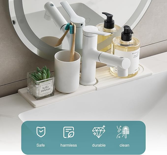 ODE TO ORDER Stone Faucet Mat for Kitchen Sink Bathroom Counter, 15.7 Inch White Diatomite Water-Absorbing Drying Stone Mat, Sink Stone Tray Protector,Prevent Moisture Sink Splash Guard