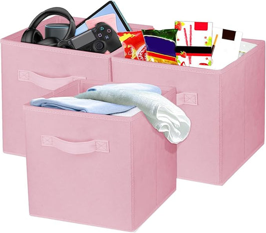 3 Pcs Storage Cubes, 10.5 Inch Collapsible Storage Bins, Fabric Foldable Bins for Organization, Durable Storage Bins for Closet, Shelves, Offices (Pink)