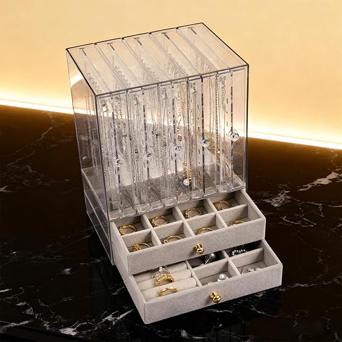 Greenfeather Jewelry Organizer with 7 Removable Drawers, Clear Acrylic Jewelry Box with 40 Necklace Hooks, 120 Pairs of Earring Holes, 2 Velvet-Lined Drawers for Rings, Necklaces, Earrings,Gray