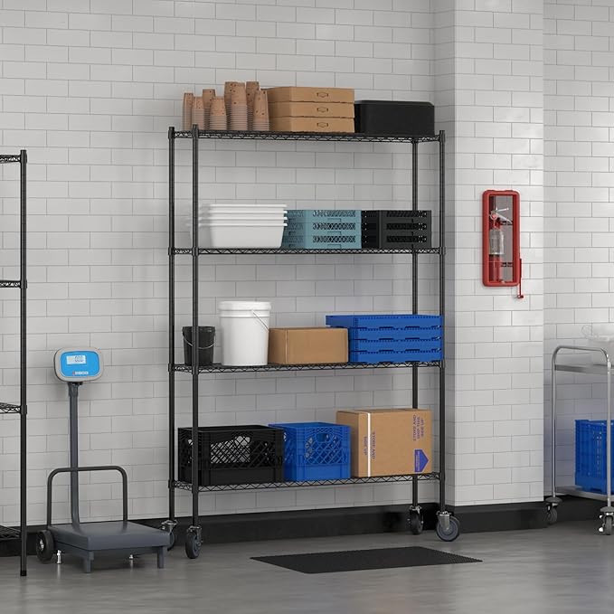 Commercial NSF Listed Black Epoxy Mobile Wire Shelving Kit 12" x 54" x 80", with 4 Shelves Perfect for Warehouse, Walk-in Refrigerator, Freezer, Grocery Store, Restaurant, Dishroom