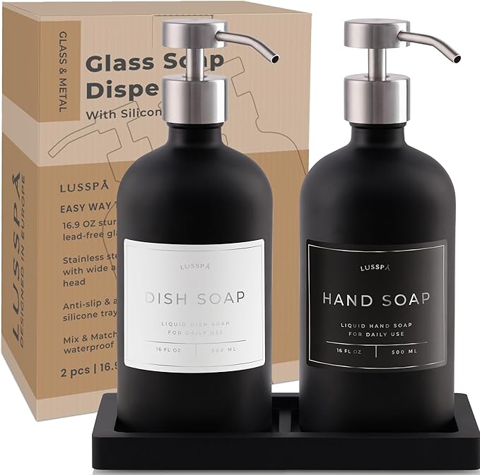 Lotion, Hand & Dish Soap Dispenser for Kitchen & Bathroom | Soap Dispenser Set of 2 16.8 Oz Glass Bottles with Stainless Steel Pump, 15 Water Proof Labels & Silicon Tray (Black/Silver)