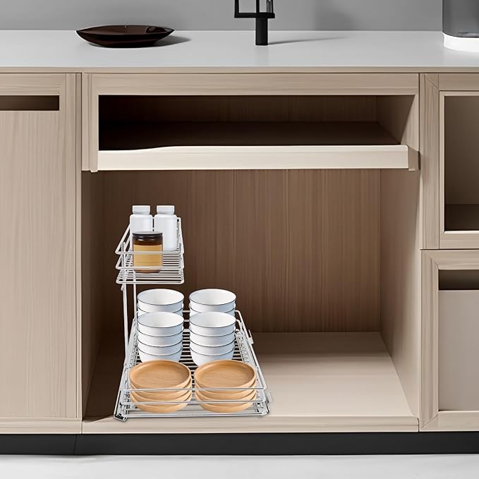 DUSNDULR 2 Tier Under Sink Organizer, 27.95"x12.6"x13" Pull Out Cabinet Organizer Under Sink Slide Out Storage Shelf for Kitchen Cabinet Bathroom