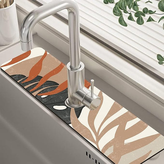 Mid Century Boho Leaves Kitchen Sink Splash Guard Absorbent Fast Drying Mat Faucet Draining Guard Behind Faucet Drip Catcher for Kitchen Bathroom 5.5"24"