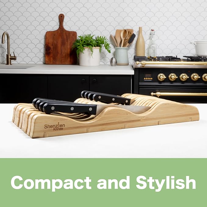 X-Large In-Drawer Bamboo Knife Block: 15 Slot (Holds 12-15 Knives) Empty Wooden Knife Holder for Kitchen Drawers - Cutlery Tray Organizer & Storage