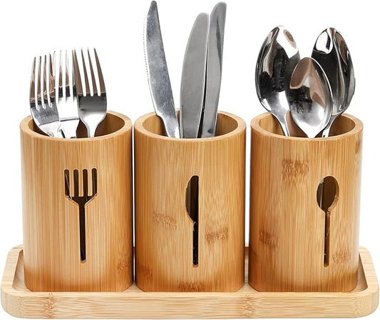 Lyellfe Silverware Holder, Bamboo Utensil Organizer with Tray, Kitchen Cutlery Flatware Holder Organizer for Spoons, Knives and Forks, Ideal for Kitchen and Restaurant