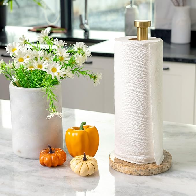 Koville Paper Towel Holder Countertop, Standing Paper Roll Holder with 6" Weighted Marble Base, Stone Paper Towel Holder with Gold Stainless Steel Rod for Kitchen Bathroom (Golden River)