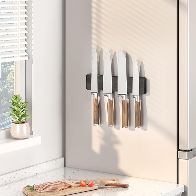 Magnetic Knife Holder for Wall, 10" Acacia Wood No Drill Knife Magnet Strip Use as Tool Key Storage Knife Bar, Powerful Wall Mounted Magnetic Knife Rack for Refrigerator & Kitchen Utensil Organizer