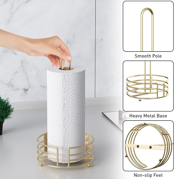 Buruis Shiny Gold Paper Towel Holder for Kitchen Countertop - One Hand Tear with 8" Wide Base, 13" Height, Raised Feet & U-Handle - Premium Steel Stand, Fits Jumbo Mega Rolls