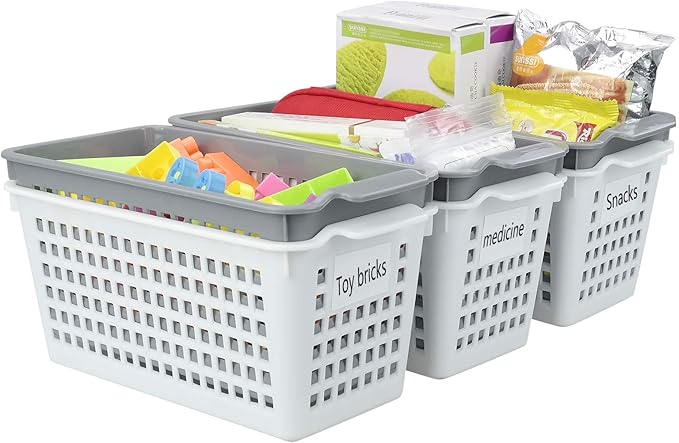 Plastic Storage Basket, Deep Slim Plastic Baskets, 6 Packs