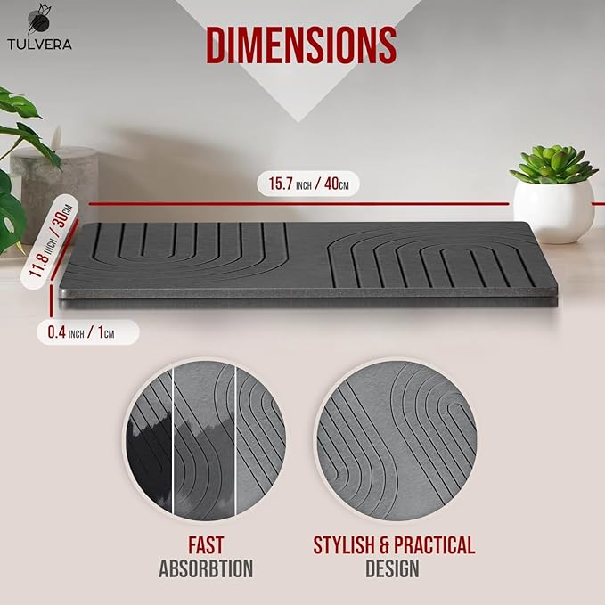 Stone Dish Drying Mat for Kitchen Counter – Diatomaceous Earth Drying Mat | Fast-Absorbing, Minimalist Design, Durable Diatomite | Non-Slip, Heat Resistant, Easy-to-Clean | 16"x12" | USA Brand