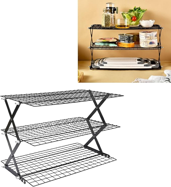 Foldable Countertop Storage Rack, Multi Tires Stainless Steel Space Saving Shelf Collapsible Stackable Organizer with Mesh Design for Drying Food Seasoning (3 Layer)