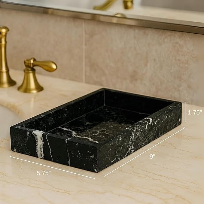 Bey-Berk Ezra Black Zebra Marble Guest Towel Tray – Rectangular Bathroom Vanity Organizer for Countertop Storage