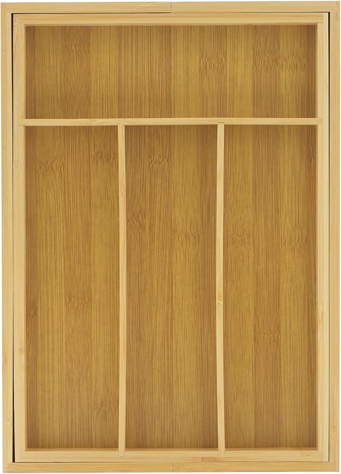 JoyJolt Bamboo Expandable Drawer Organizer for Kitchen Utensils, Adjustable Cutlery Tray, Bamboo Drawer Dividers Organizer for Silverware, Flatware, Knives in Kitchen, Bedroom (4-6 Slots)