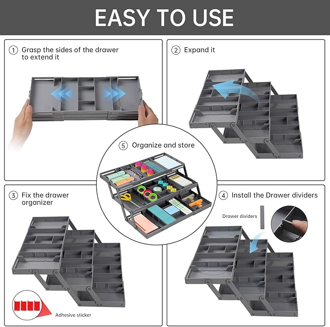 Smart Drawer Organizer Multi Level, Adjustable Folding Junk Drawer Organizer For Kitchen, Bathroom, Office, And Bedroom – Space-Saving Makeup Organizer (Grey)