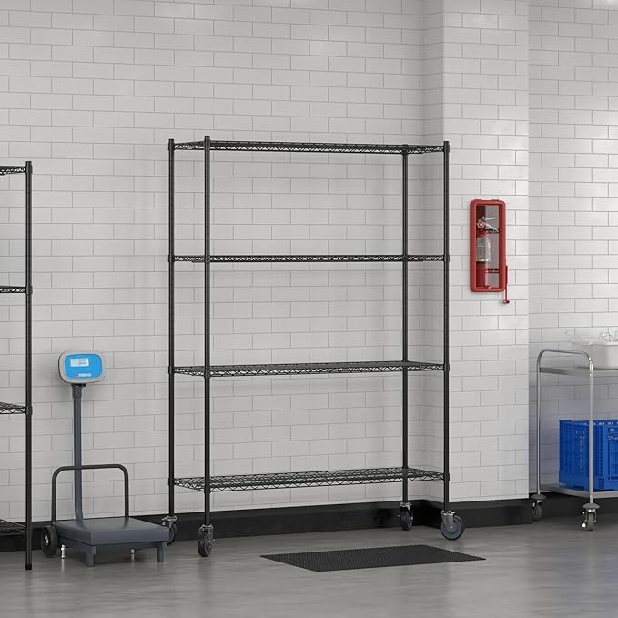 Commercial NSF Listed Black Epoxy Mobile Wire Shelving Kit 18" x 54" x 80", with 4 Shelves Perfect for Warehouse, Walk-in Refrigerator, Freezer, Grocery Store, Restaurant, Dishroom