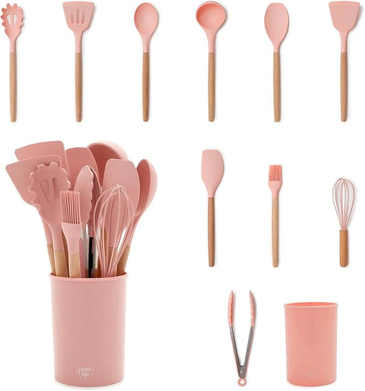 GreenLife 11 Piece Silicone Utensil Crock Set, Nonstick Kitchen Tools, Ladle, Turner, Slotted Turner, Spatula, Spoon, Spaghetti Server, Brush, Whisk, Tongs, Crock, Dusty Pink