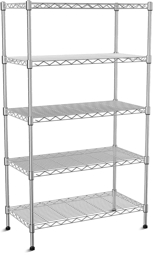 5-Tier Heavy Duty Metal Shelf,Chrome Wire Shelving Unit 35" Wx18 Dx71 H,Height Adjustable Storage Wire Shelves with Lockable Wheels for Garage,Kitchen,Office,Bathroom,Studio