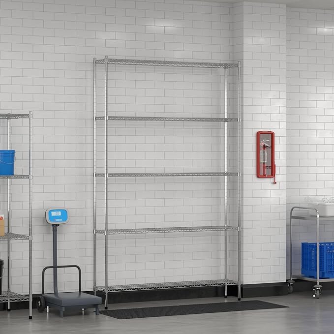 Commercial NSF Listed Chrome Stationary Wire Shelving Kit 12" x 60" x 96", with 5 Shelves Perfect for Warehouse, Walk-in Refrigerator, Freezer, Grocery Store, Restaurant, Dishroom