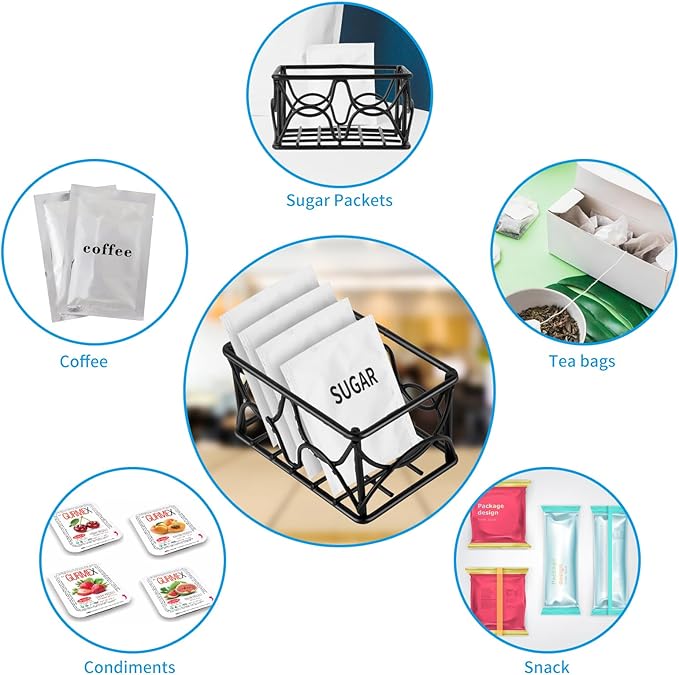 DLUGOPIS 4 Pieces Black Metal Sugar Packet Holder Tea Bag Organizer Sugar Caddy Holder Small Sugar Container Coffee Creamer Holder Tea Bag Caddy Holder for Coffee Bar Kitchen Home