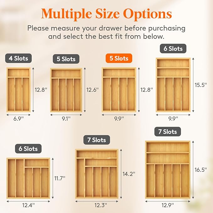 Lifewit Silverware Drawer Organizer, Utensil Tray for Kitchen, 5 Slot Bamboo Flatware and Cutlery Holder, Wood Storage for Spoons Forks Knives, 9.9 x 12.8 Inches, Natural