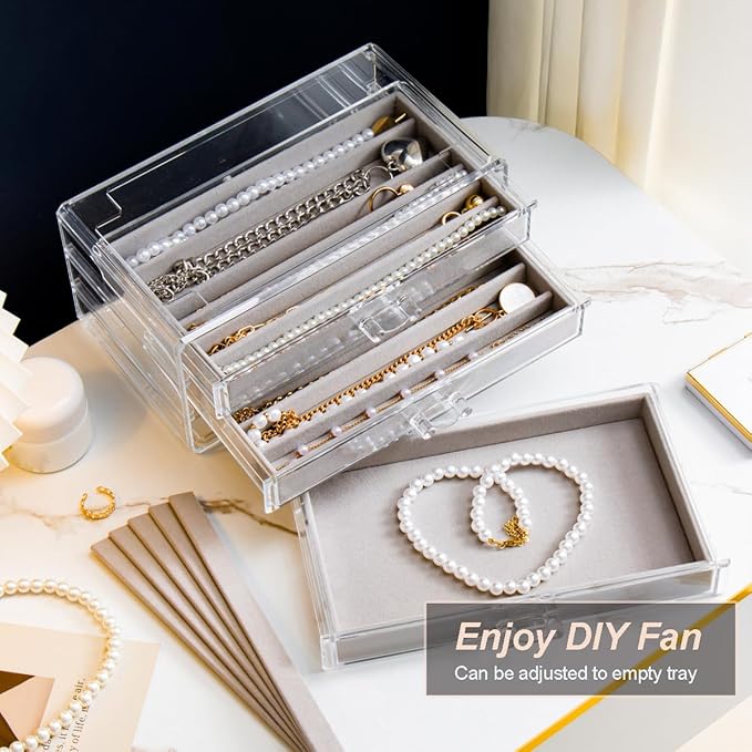 Necklace Holder Organizer, Dustproof Necklace Box Velvet Necklace Organizer Box with Lid Clear Acrylic Dustproof Stackable Jewelry Displays for Necklaces Chain Display (Gray, 5 Drawer)