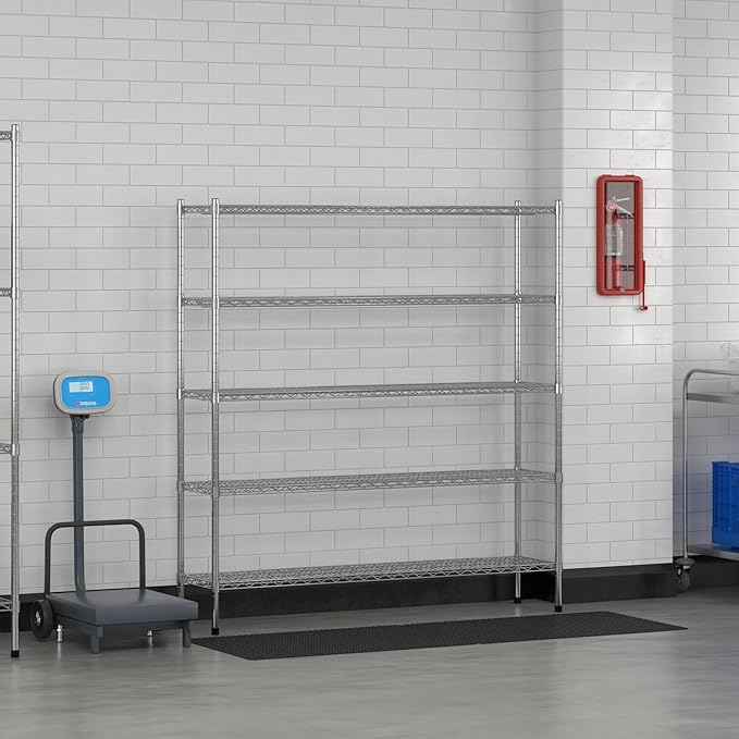 Commercial NSF Listed Chrome Stationary Wire Shelving Kit 14" x 60" x 64", with 5 Shelves Perfect for Warehouse, Walk-in Refrigerator, Freezer, Grocery Store, Restaurant, Dishroom