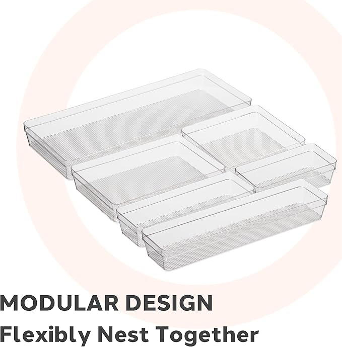 Oggi Clear Drawer Organizer - 6" X 6.25"- Ideal for Organizing Kitchen Drawers, Office, Desk, Silverware, Kitchen Utensils, Cosmetics and Bathrooms - Set of 6
