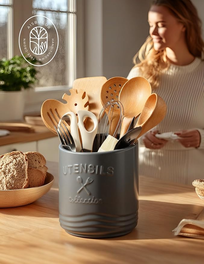 AISBUGUR Large Ceramic Utensil Holder 7.5" H×6.3" W with Slanted Mouth - Utensil Crock with Non-Slip Cork Base for Kitchen Counter, Ideal for Decor & Gift,Grey