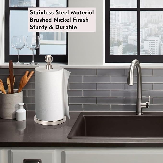 Paper Towel Holder Countertop, Standing Paper Towel Roll Holder for Kitchen Bathroom, with Weighted Base for One-Handed Operation (Stainless Steel Base, Brushed Nickel)