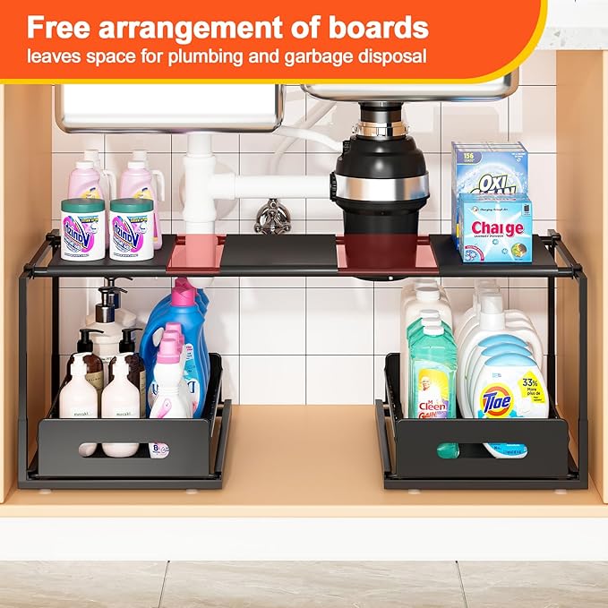 REALINN Extendable Under Sink Organizer, 2 Tier Pull Out Under Cabinet Organizer Shelf, Black Expandable Storage