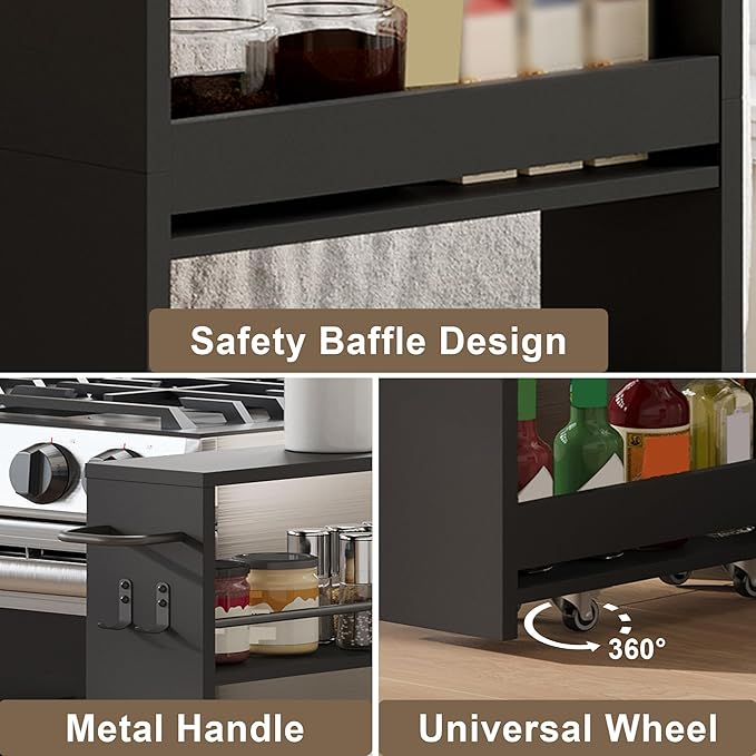 ChooChoo 4-Tier Slim Storage Cart, 5.5 inches Wide Narrow Storage Cabinet with 360° Wheels and 2 Hooks, Laundry Room Storage Organizer for Kitchen, Narrow Places, Bathroom, Black