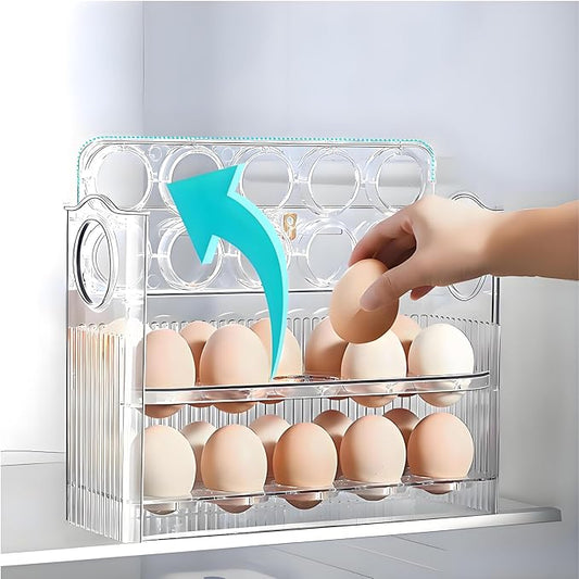 3-Tier 30-Capacity Egg Holder for Fridge with Auto-Rebound & Date Tracker,Space-Saving Egg Organizer for Refrigerator/Countertop