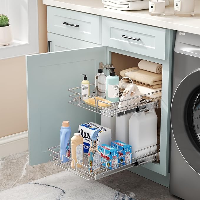 ROOMTEC Pull Out Cabinet Organizer (10½"W x 21½"D),2 Tier Pull Out Storage Shelf Drawer Basket,Sliding Shelves for Base Cabinet Organization in Kitchen, Bathroom, Pantry