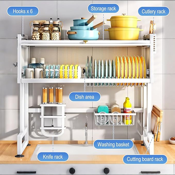 Over Sink Dish Drying Rack 2 Tier Stainless Steel Dish Drainer with Cover and Utensil Holders Large Capacity Space Saving Kitchen Organizer