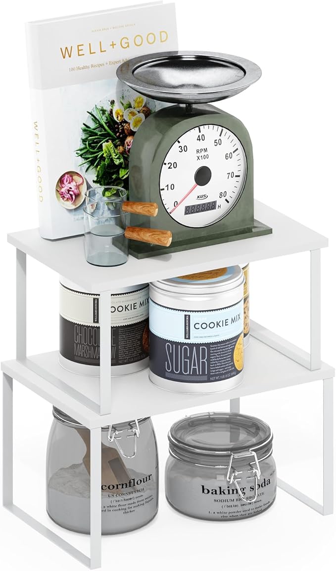 Furinno RAVEL Kitchen Countertop Organizer Set of 2, Counter Shelves, Kitchen Storage, Expandable, Stackable, Spice Rack, for Pantry, Coffee Bar, White