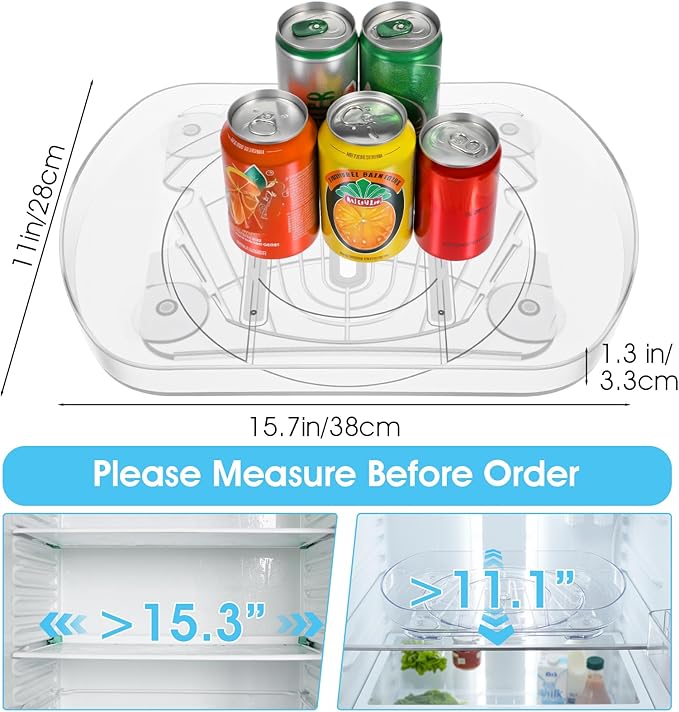 Afcabakila Lazy Susan Turntable for Refrigerator, 15"x11" Rotating Spice Rack Organizer 360°Clear PET Organizer Storage Tray Cabinet, Pantry Countertop with Suction Cups Large Rectangular Fridge Shelf