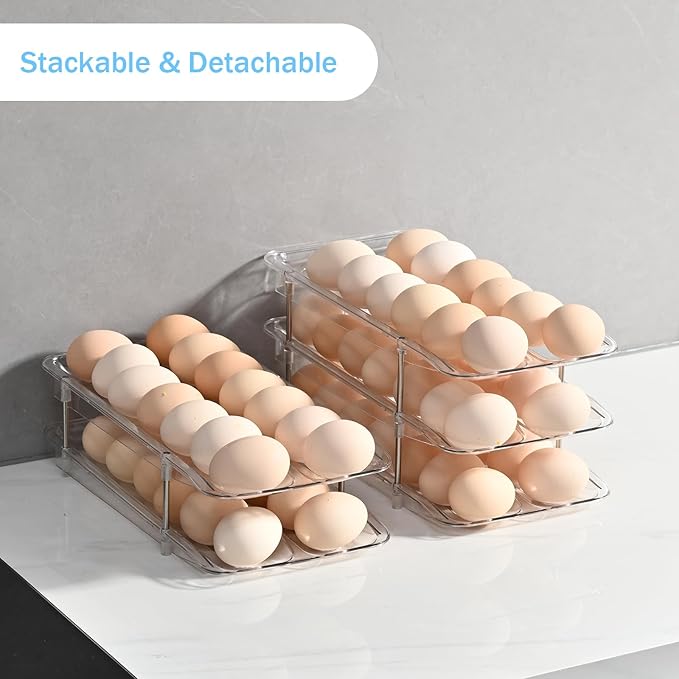 STORICANS Egg Holder,4 Tier Clear Organizer with Auto-Roll Design, Adjustable Height Egg Storage Container Holds Up to 56 Eggs for Refrigerator,Kitchen Cabinet