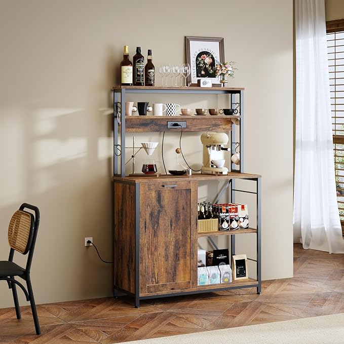 HOOBRO Bakers Rack with Power Outlet, Microwave Stand with Trash Can Bin Cabinet, 5-Tier Kitchen Storage Shelf Cabinet, Tall Coffee Bar Table Station for Dining Room, Rustic Brown and Black BF50UHB01