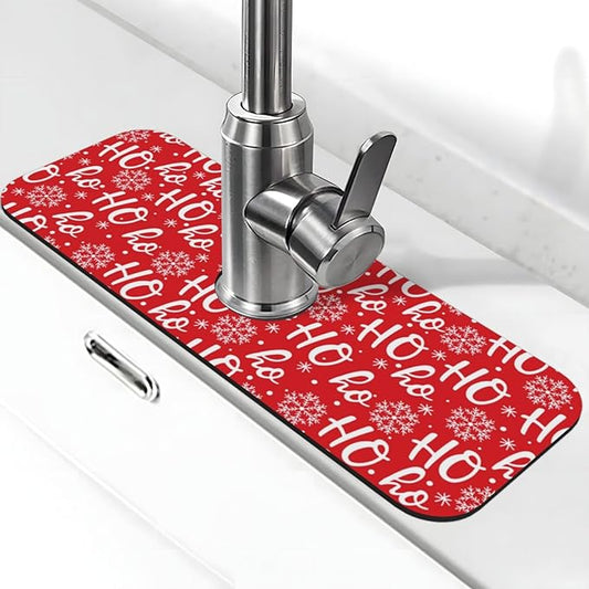 Christmas Snowflake Ho Red Buffalo Plaid Kitchen Sink Splash Guard Faucet Mat 1 Pcs, Absorbent Fast Drying Mat Gadgets Splash Guard For Bathroom 15 X 5.5 Inches