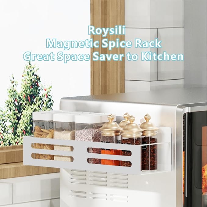 Roysili Magnetic Spice Rack for Refrigerator, Metal Spice Rack Organizer, Magnetic Shelf for Fridge 4Pack White