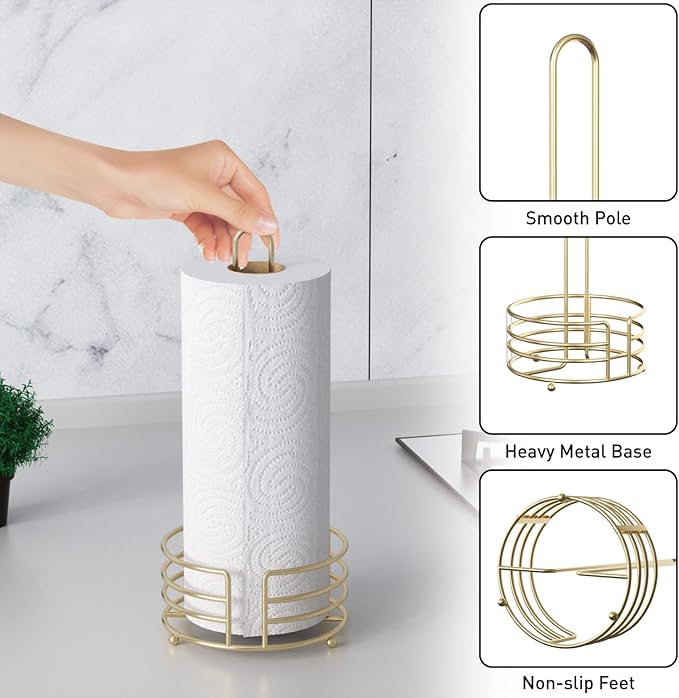 Buruis Paper Towel Holder for Countertop, Metal Standing Paper Towel Dispenser with U-Shape Handle and Stable Base, Gold