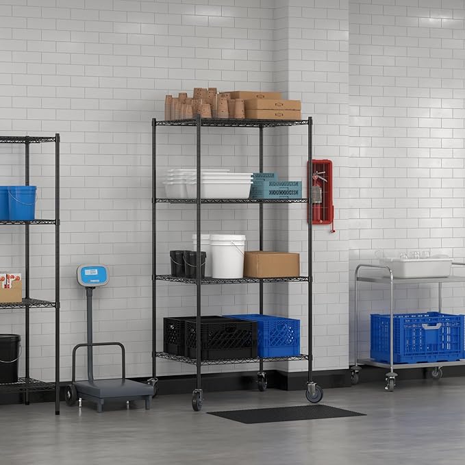 Commercial NSF Listed Black Epoxy Mobile Wire Shelving Kit 30" x 36" x 80", with 4 Shelves Perfect for Warehouse, Walk-in Refrigerator, Freezer, Grocery Store, Restaurant, Dishroom