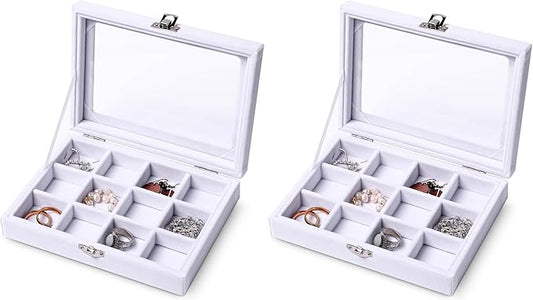 Frebeauty Jewelry Organizer Tray with Clear Lid 12 Grid Velvet Drawer Insert Jewelry Box with Transparent lid Jewelry Display Case Store Showcase Jewelry Box Gift for Women(White,12 Grid) (Pack of 2)